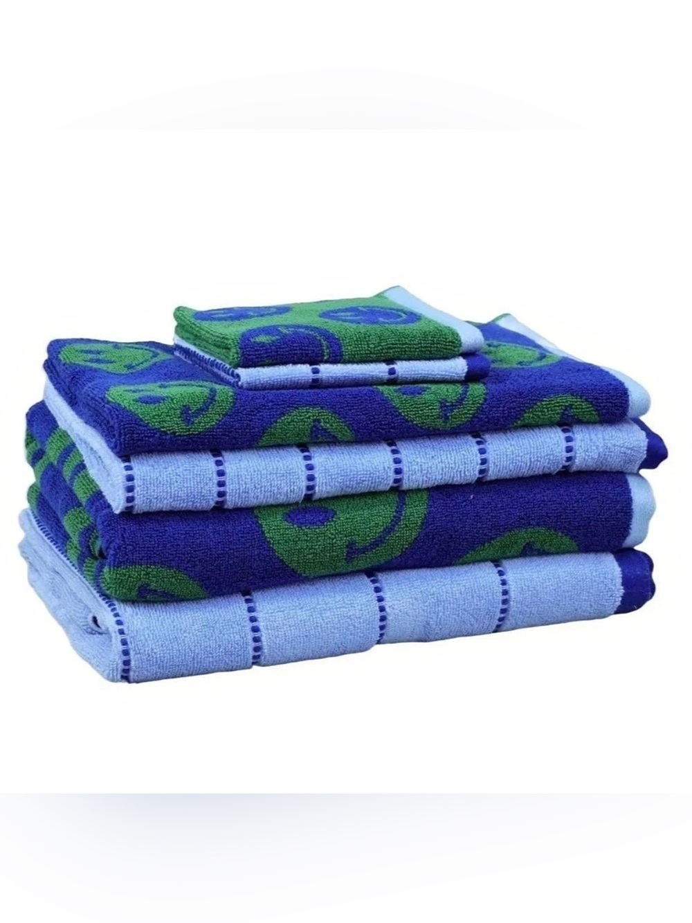 Kapoor Home 6-Piece Smiley Face Bath Towel Set Blue Green 100% Cotton NEW